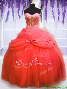 Great Sleeveless Tulle Floor Length Lace Up Quinceanera Gown inCoral Red forSpring and Summer and Fall and Winter withBeading and Bowknot