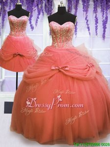 Pretty Floor Length Lace Up Quinceanera Gown Watermelon Red and In forMilitary Ball and Sweet 16 and Quinceanera withBeading and Bowknot