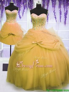 Best Gold Lace Up Sweetheart Beading and Bowknot Vestidos de Quinceanera Tulle Sleeveless