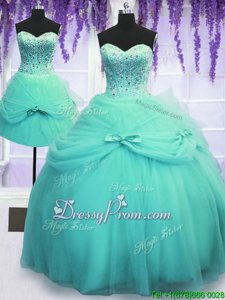 Traditional Beading and Bowknot Quinceanera Dress Aqua Blue Lace Up Sleeveless Floor Length