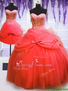 Simple Coral Red Sweetheart Lace Up Beading and Bowknot 15 Quinceanera Dress Sleeveless