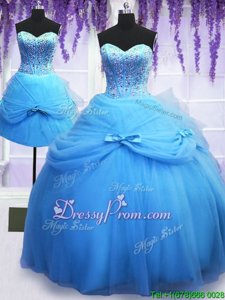 Edgy Baby Blue Ball Gowns Sweetheart Sleeveless Tulle Floor Length Lace Up Beading and Bowknot Sweet 16 Dresses