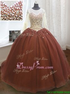 Brown Organza Lace Up Scoop Long Sleeves 15 Quinceanera Dress Sweep Train Beading and Sequins