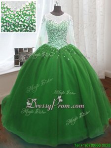 Vintage Green Quinceanera Dresses Scoop Long Sleeves Sweep Train Lace Up