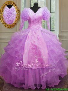 Exquisite Floor Length Zipper Quinceanera Gowns Lilac and In forProm and Military Ball and Sweet 16 and Quinceanera withRuffled Layers