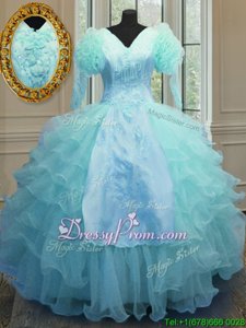 Glamorous Floor Length Zipper Quinceanera Gown Blue and In forMilitary Ball and Sweet 16 and Quinceanera withEmbroidery and Ruffled Layers