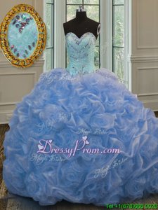 Baby Blue Ball Gowns Beading 15 Quinceanera Dress Lace Up Organza Sleeveless Floor Length