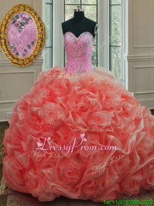 Glittering Watermelon Red Lace Up Sweetheart Beading and Pick Ups Quince Ball Gowns Organza Sleeveless Sweep Train