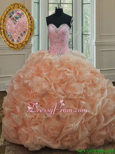 Sweet Sweep Train Ball Gowns Quinceanera Dress Peach Sweetheart Organza Sleeveless Lace Up