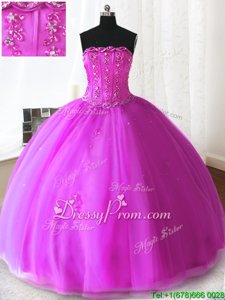 Fuchsia Sleeveless Floor Length Beading and Appliques Lace Up Ball Gown Prom Dress