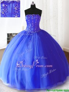 Tulle Strapless Sleeveless Lace Up Beading and Appliques Quinceanera Gowns inRoyal Blue