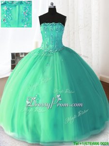 Deluxe Sleeveless Tulle Floor Length Lace Up Vestidos de Quinceanera inTurquoise forSpring and Summer and Fall and Winter withBeading and Appliques