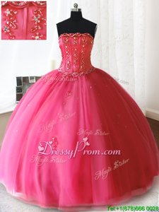 Cheap Strapless Sleeveless Sweet 16 Dress Floor Length Beading and Appliques Hot Pink Tulle