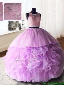 Sleeveless Brush Train Beading and Lace and Ruffles Zipper Quince Ball Gowns