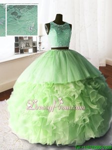 Clearance Brush Train Ball Gowns Quince Ball Gowns Spring Green Scoop Organza and Tulle and Lace Sleeveless With Train Zipper