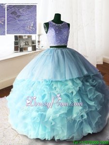 Enchanting With Train Baby Blue Ball Gown Prom Dress Organza and Tulle and Lace Brush Train Sleeveless Spring and Summer and Fall and Winter Beading and Lace and Ruffles