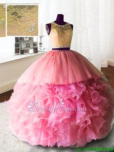Scoop Sleeveless Brush Train Zipper Quinceanera Dresses Rose Pink Organza and Tulle and Lace
