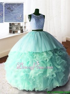 Free and Easy Spring and Summer and Fall and Winter Organza and Tulle and Lace Sleeveless With Train 15 Quinceanera Dress Brush Train andBeading and Lace and Ruffles