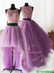Decent Scoop Sleeveless Brush Train Zipper Ball Gown Prom Dress Lilac Organza and Tulle and Lace