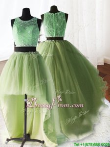 Fashion Scoop Sleeveless Quinceanera Dress With Brush Train Beading and Lace and Ruffles Yellow Green Organza and Tulle and Lace