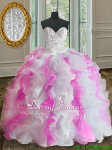 Flirting Sweetheart Sleeveless Quinceanera Dress Floor Length Beading and Ruffles White and Pink Organza