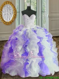 Elegant White and Purple Ball Gowns Beading and Ruffles 15 Quinceanera Dress Lace Up Organza Sleeveless Floor Length