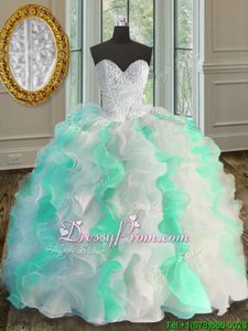 Ideal White and Green Ball Gowns Sweetheart Sleeveless Organza Floor Length Lace Up Beading and Ruffles Quinceanera Gown