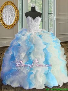 Artistic Blue And White Lace Up Sweetheart Beading and Ruffles Sweet 16 Dress Organza Sleeveless
