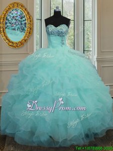 Custom Fit Aqua Blue Sleeveless Floor Length Beading and Ruffles Lace Up Quinceanera Gowns