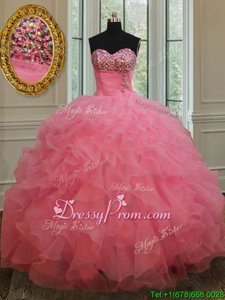Custom Design Floor Length Ball Gowns Sleeveless Rose Pink 15th Birthday Dress Lace Up