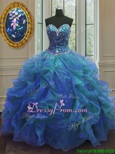 Dazzling Blue Sleeveless Organza and Sequined Lace Up Sweet 16 Dresses forMilitary Ball and Sweet 16 and Quinceanera