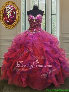 Best Floor Length Multi-color Quinceanera Gown Organza and Sequined Sleeveless Spring and Summer and Fall and Winter Beading and Ruffles