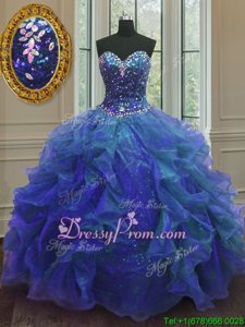 Noble Blue Lace Up Quinceanera Gown Beading and Ruffles Sleeveless Floor Length
