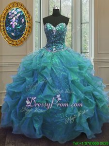 Fashion Organza Sweetheart Sleeveless Lace Up Beading and Ruffles Ball Gown Prom Dress inBlue