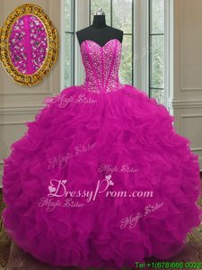 Exceptional Fuchsia Ball Gowns Organza Sweetheart Sleeveless Beading and Ruffles Floor Length Lace Up 15 Quinceanera Dress