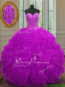 High Class Sleeveless Organza Floor Length Lace Up Sweet 16 Dress inPurple forSpring and Summer and Fall and Winter withBeading and Ruffles