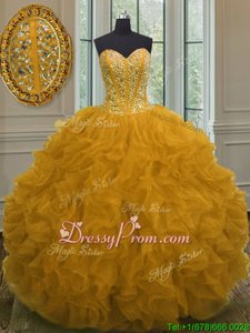Sexy Yellow Sweetheart Lace Up Beading and Ruffles Ball Gown Prom Dress Sleeveless