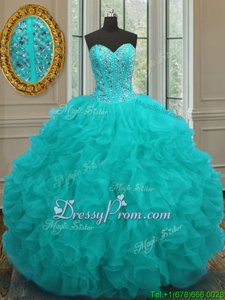 Simple Aqua Blue Sweetheart Lace Up Beading and Ruffles Quinceanera Dress Sleeveless