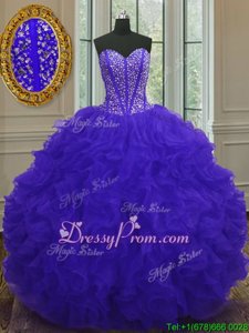 Fantastic Blue Organza Zipper 15th Birthday Dress Sleeveless Floor Length Beading and Ruffles