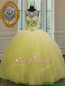 Chic Floor Length Backless Sweet 16 Dress Light Yellow and In forMilitary Ball and Sweet 16 and Quinceanera withBeading and Appliques