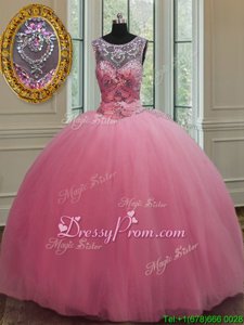Gorgeous Rose Pink Ball Gowns Tulle Scoop Sleeveless Beading Floor Length Lace Up 15 Quinceanera Dress
