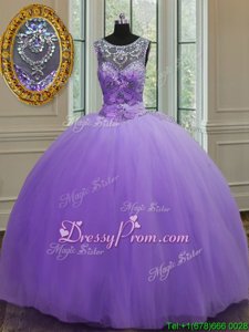 Clearance Lavender Ball Gowns Scoop Sleeveless Tulle Floor Length Lace Up Beading Ball Gown Prom Dress