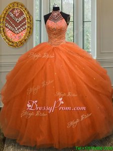 Super Orange Tulle Lace Up Sweet 16 Quinceanera Dress Sleeveless Floor Length Beading