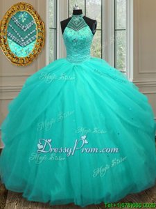 Best Aqua Blue Tulle Lace Up Halter Top Sleeveless Floor Length Quinceanera Gown Beading