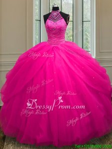 Custom Designed Halter Top Sleeveless Sweet 16 Dress Floor Length Beading and Sequins Hot Pink Tulle
