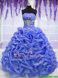 Custom Made Blue Sleeveless Organza Lace Up Quinceanera Gown forMilitary Ball and Sweet 16 and Quinceanera