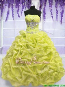 Dynamic Ball Gowns Vestidos de Quinceanera Yellow Green Strapless Organza Sleeveless Floor Length Lace Up