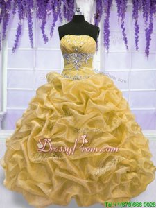 Latest Gold Quinceanera Gown Military Ball and Sweet 16 and Quinceanera and For withBeading Strapless Sleeveless Lace Up