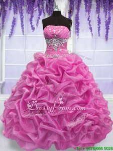 Organza Strapless Sleeveless Lace Up Beading Sweet 16 Quinceanera Dress inRose Pink