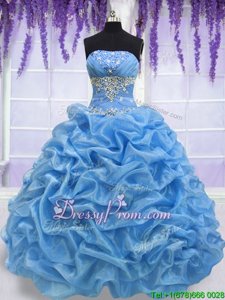 Stunning Blue Ball Gowns Organza Strapless Sleeveless Beading Floor Length Lace Up Quinceanera Gowns